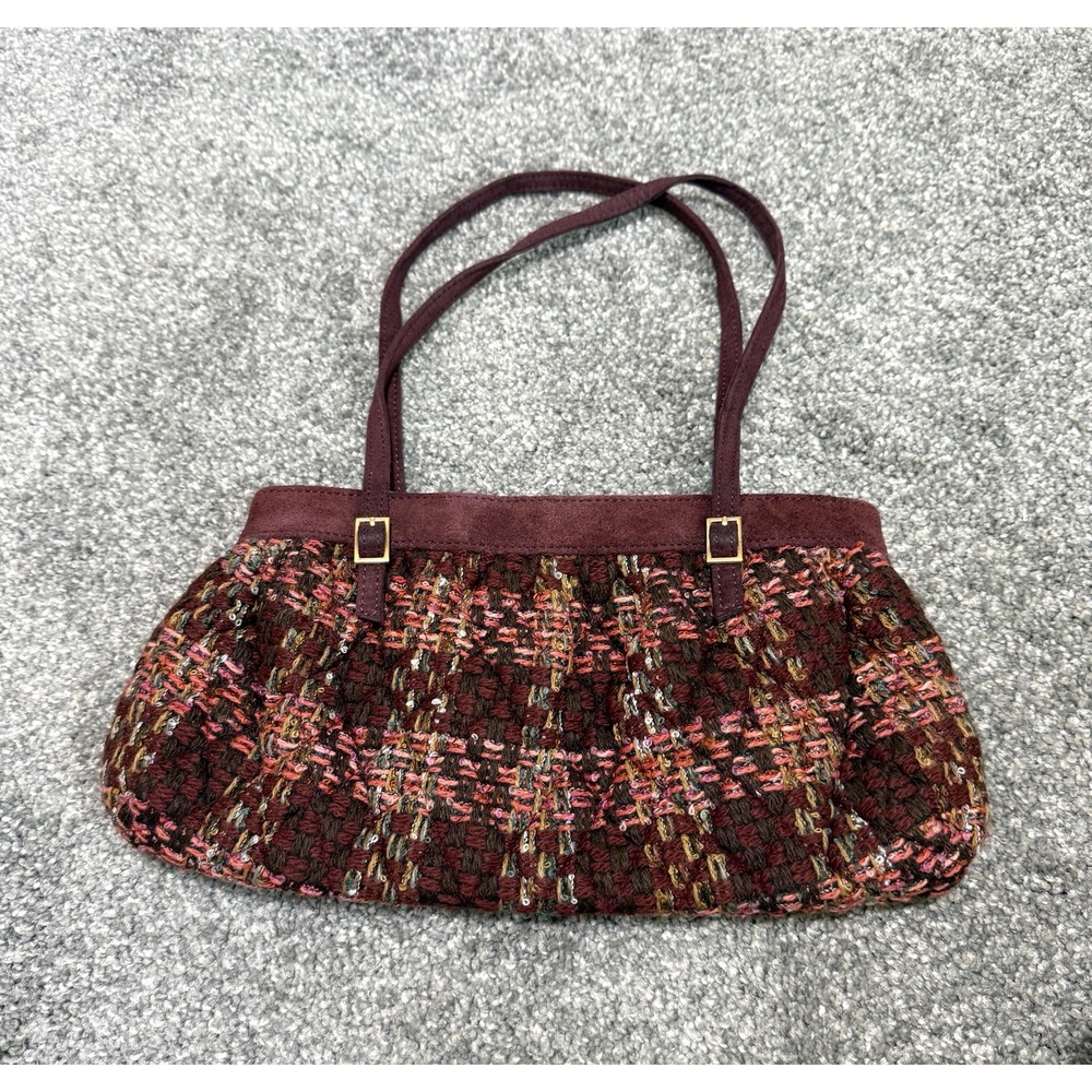 Vera Bradley Annie Tweed Shoulder Bag Purse Burgundy Suede Trim Gold Accents